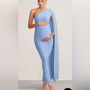 AMARYLLIS powder blue maternity one shoulder maxi dress with cape sleeve